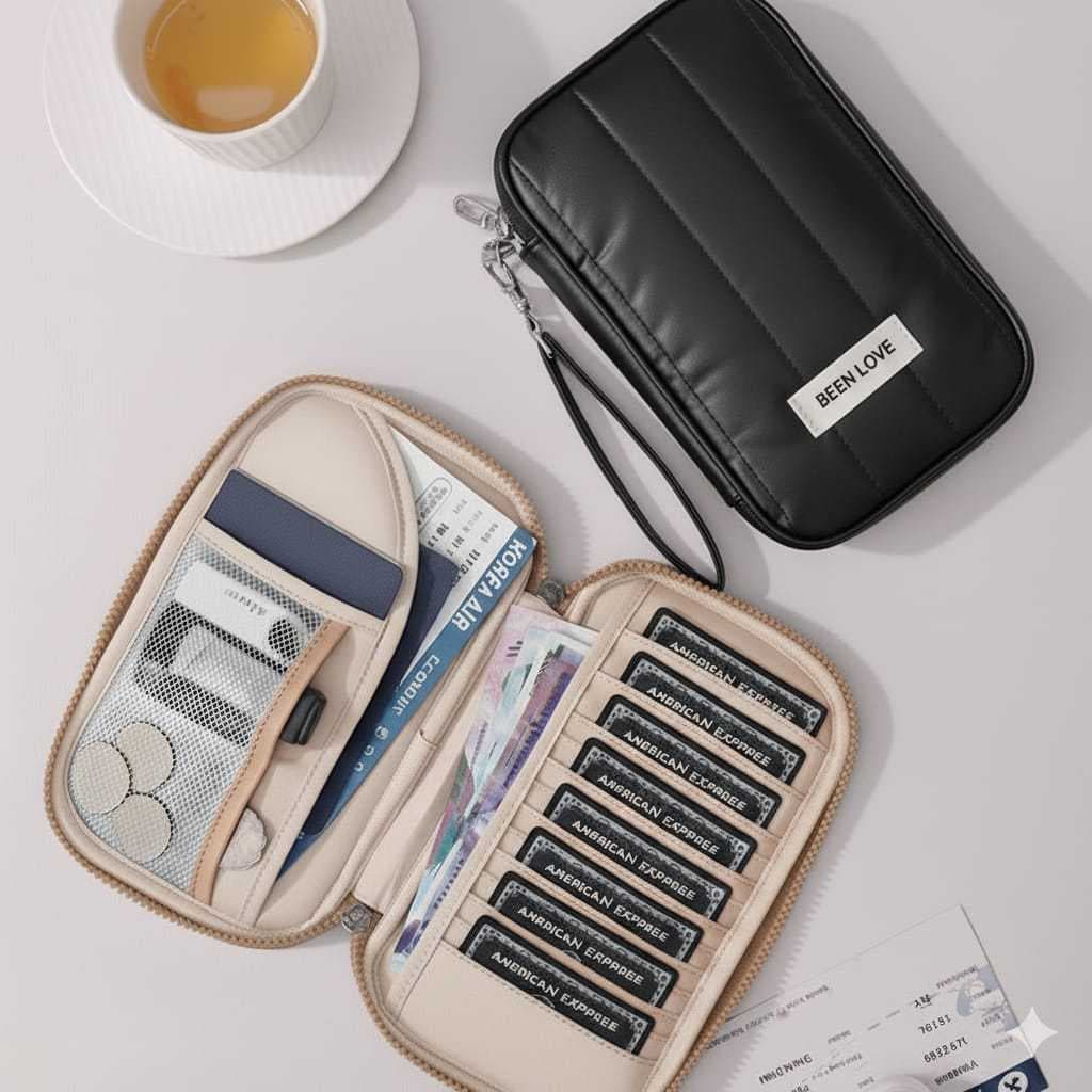 Carteira Puffe Metalizada Premium Porta Passaporte Documentos Cartões Viagem Alça