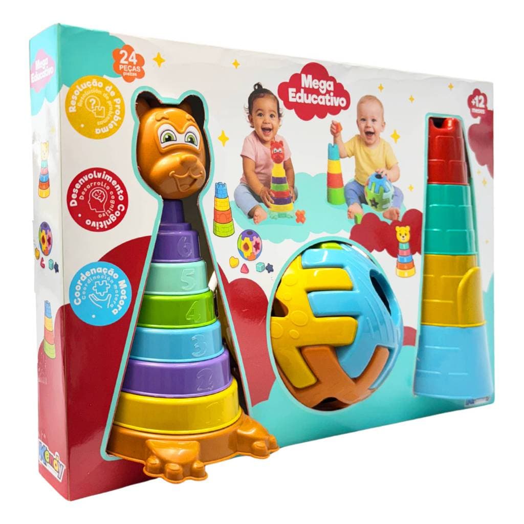 Kit Mega Educativo Pedagógico - Torre De Empilhar, Bola Geométrica e Urso Encaixável 23 Peças