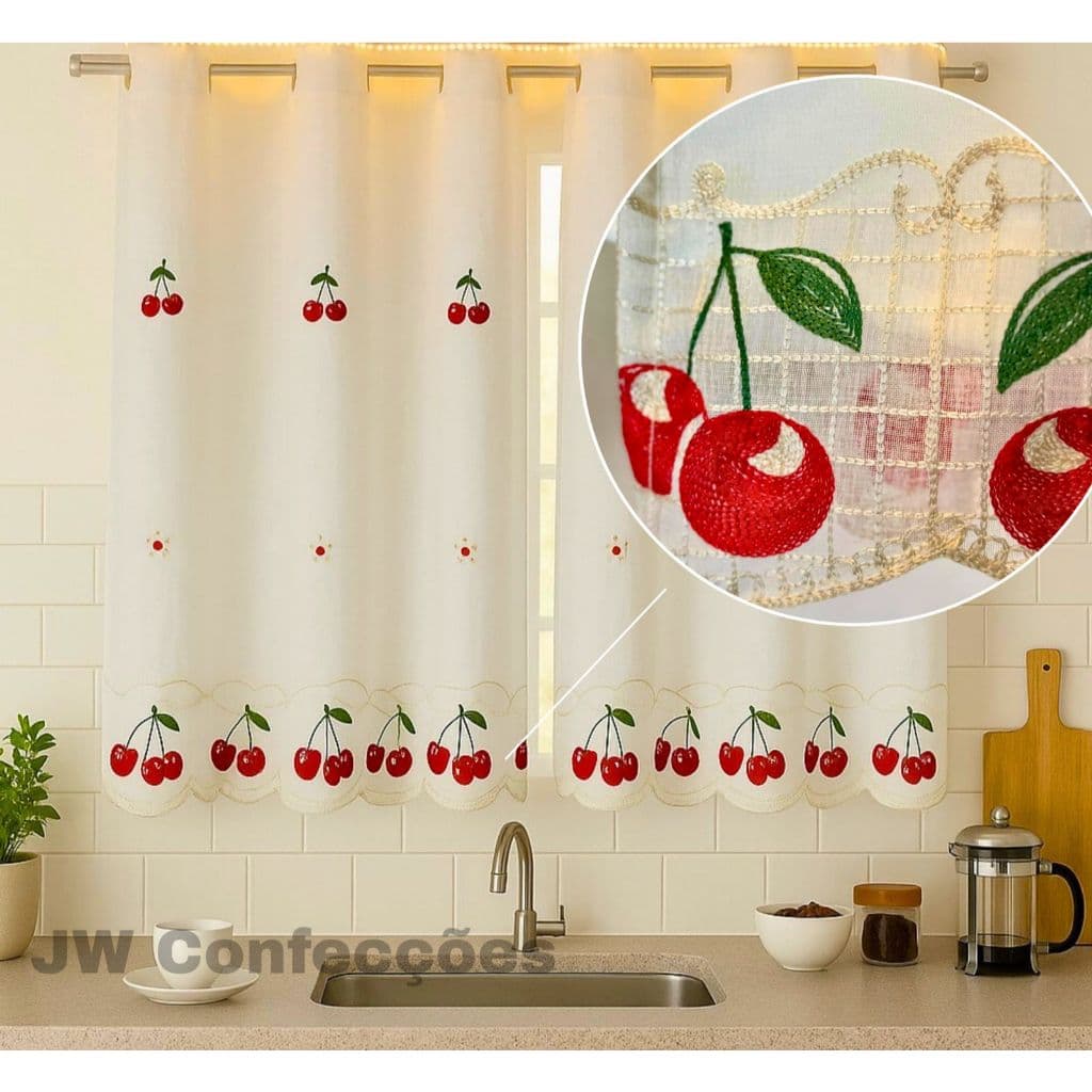 Cortina de Cozinha Bordada em Linho 2,50 X 1,25 luxuosa premium