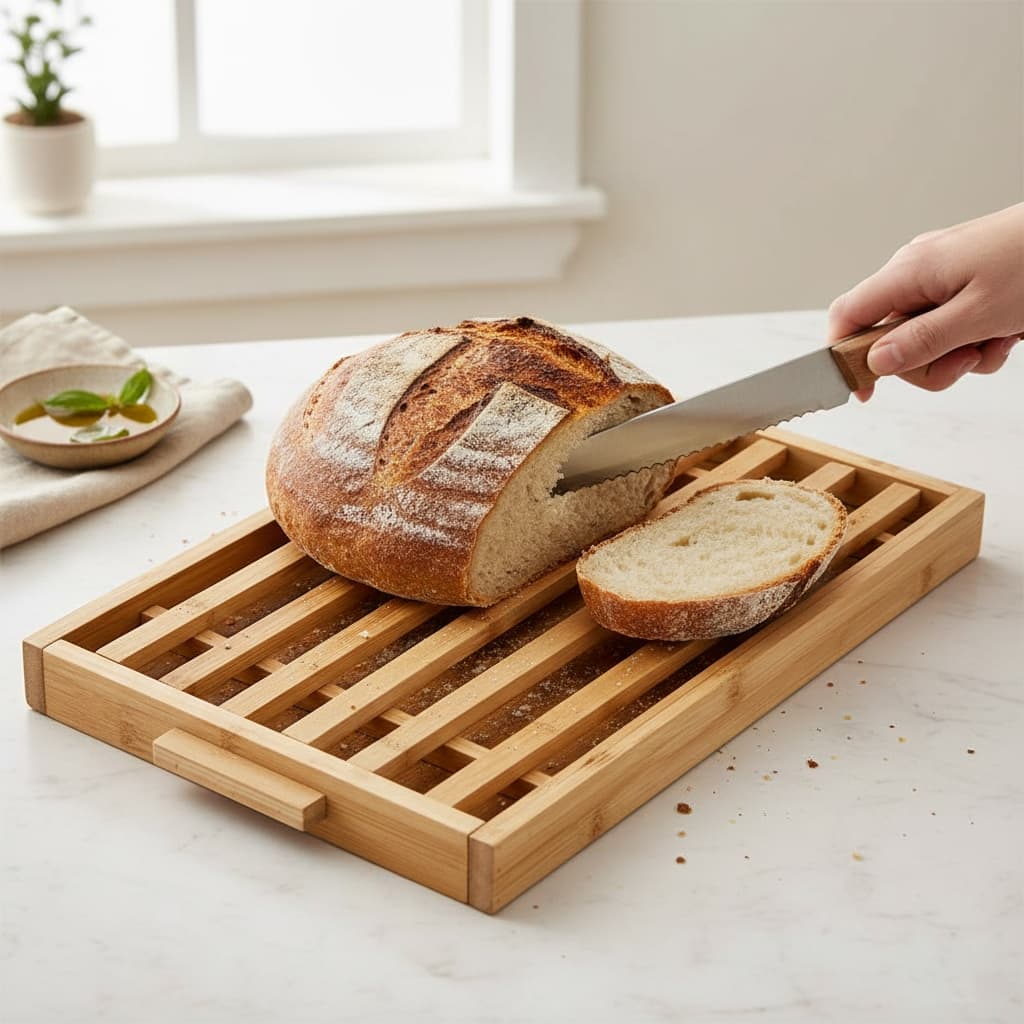 Migalheira em Bambu Tabua Corte Multiuso Pães Bolos Com Bandeja Servir Cantinho Café Descanso Panela