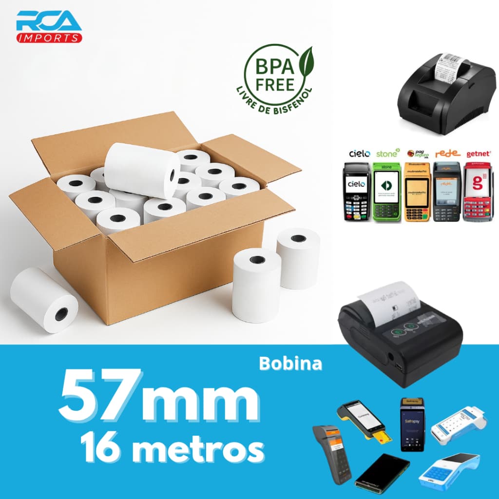 Bobina Térmica Para Mini Impressora Térmica e Máquinas de Cartão 57mm 16metros