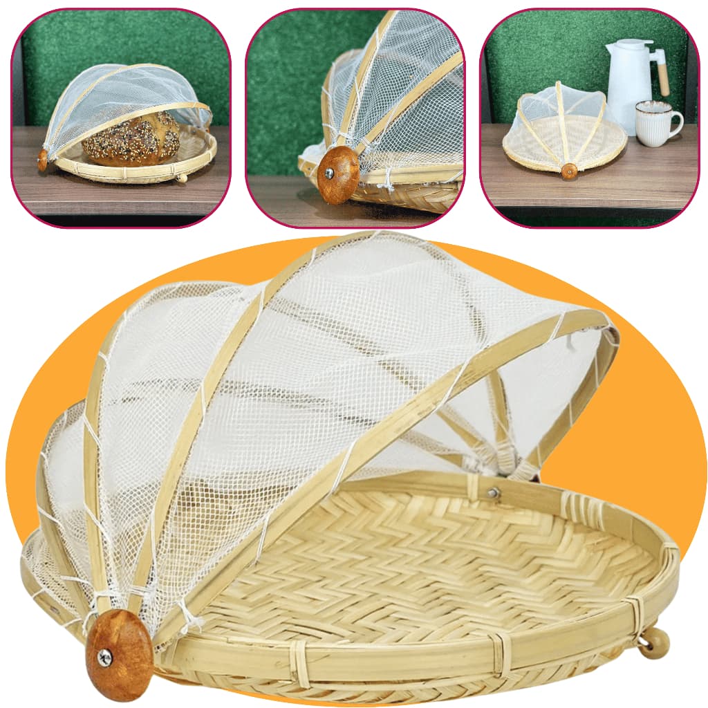 Cesto Porta Pães Bolos Frutas De Bambu Redondo Com Cobertura Retrátil Multiuso Natural 30cm