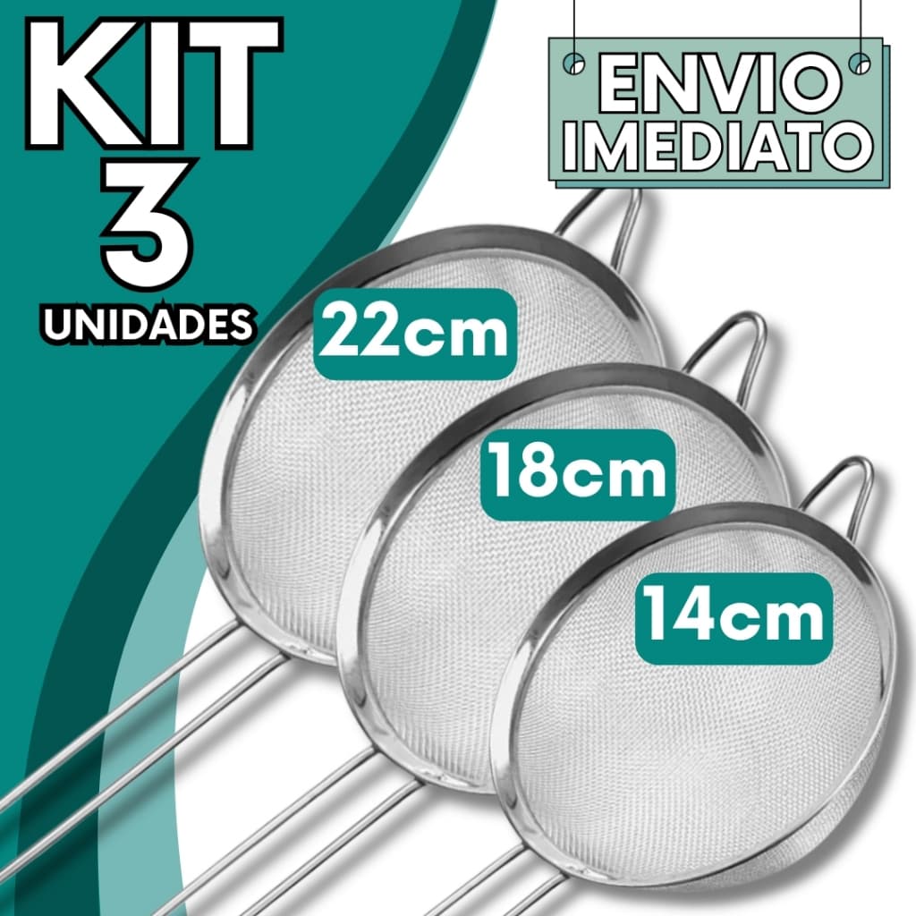 KIT 1 ou 3 Unidades Peneira Coador Aço Inox PREMIUM 22cm 18cm 14cm Super Resistente  para Cozinha Casa Oleo Doce