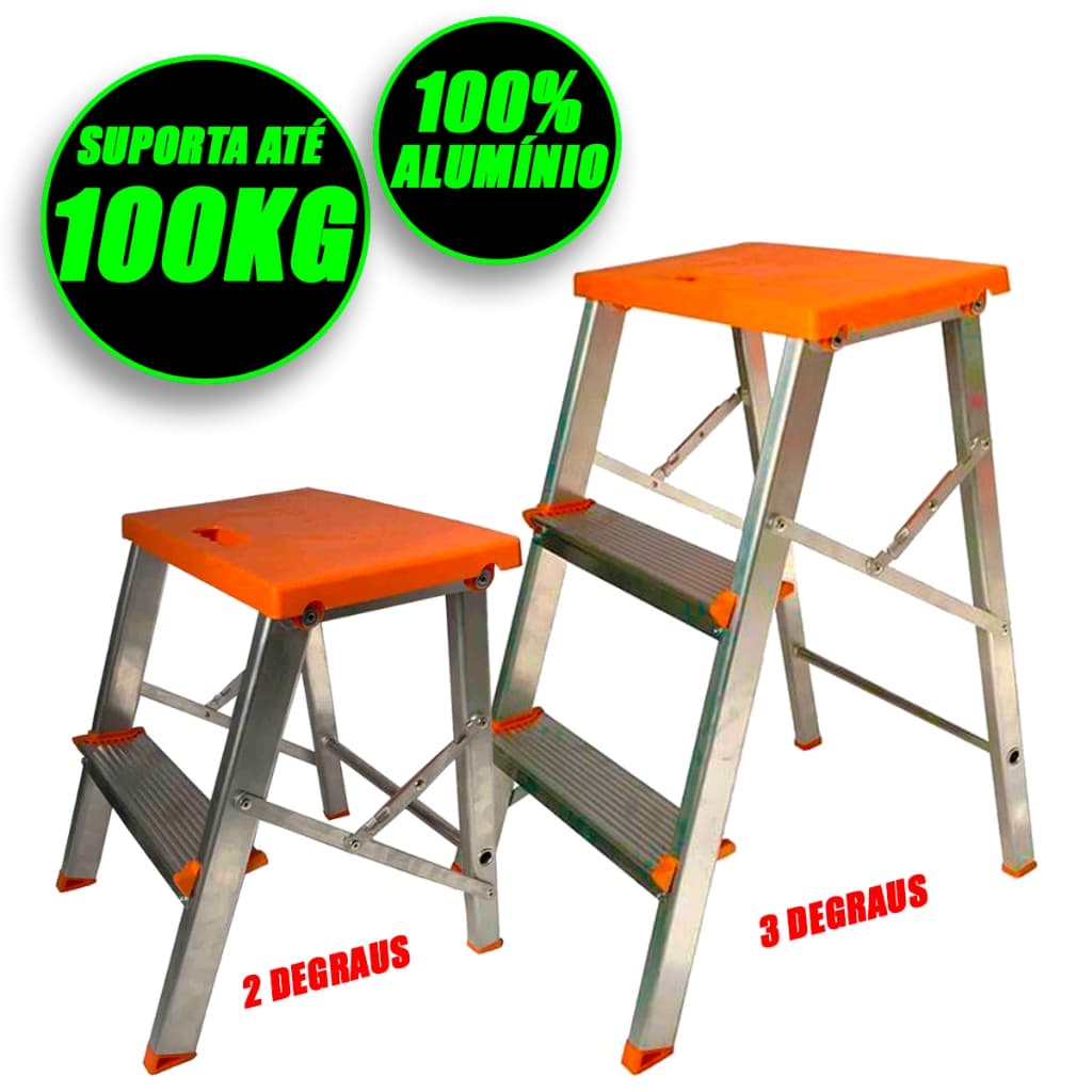Escada Banqueta Alumínio 2 3 Degraus Portátil Domestica Dobrável Reforçada Ate 100kg