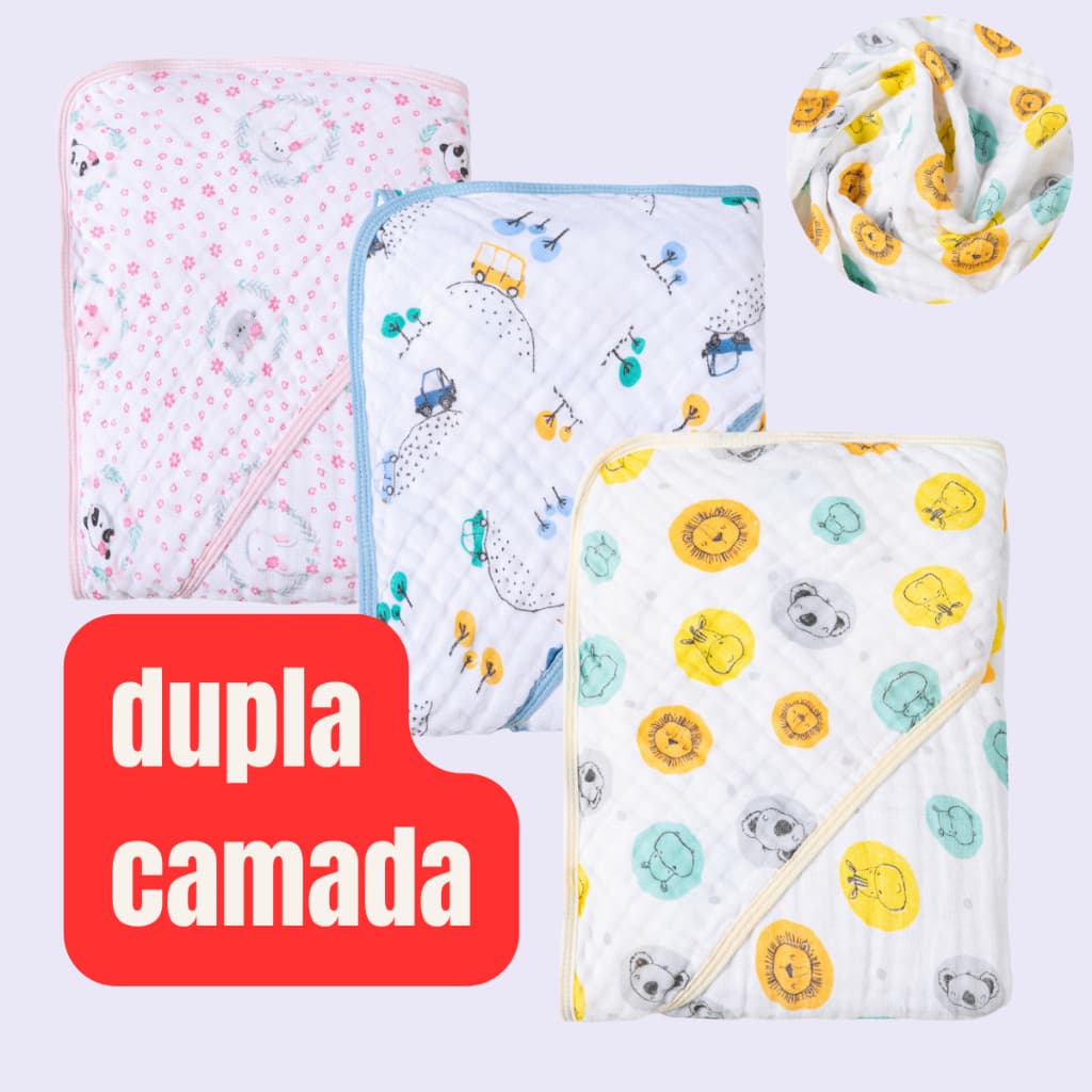 Toalha de Banho Bebê Infantil Fralda Soft Dupla Camada Com Capuz Karinho ou Kit de 2 Toalhas