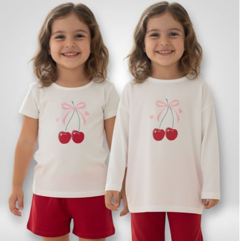 Pijama Cereja Infantil Feminino | Verão e Inverno 100% Algodão Fio 30