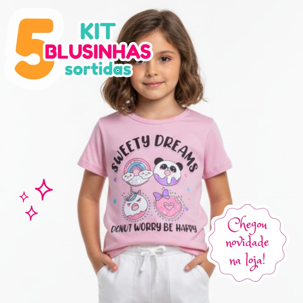 Kit 5 Blusinhas Manga Curta Feminina Roupa Infantil Menina Escolar Com Silk Pedraria Cores Sortidas