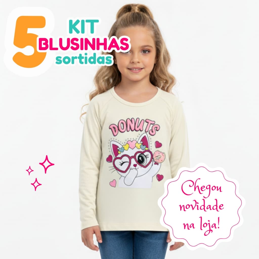 Kit 5 Camiseta Manga Longa Feminina Escolar Infantil Menina Criança Com Silk Pedraria Cores Sortidas