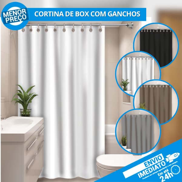 Cortina de Box Vinil Lisa Banheiro Moderna Impermeável Com Ganchos Anti-Mofo - Envio Imediato