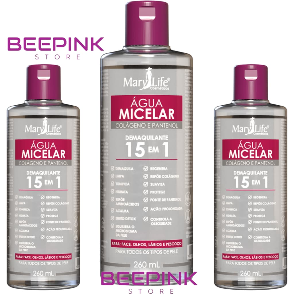 3 UNID Água Micelar Colágeno e Pantenol 15 em 1 260mL