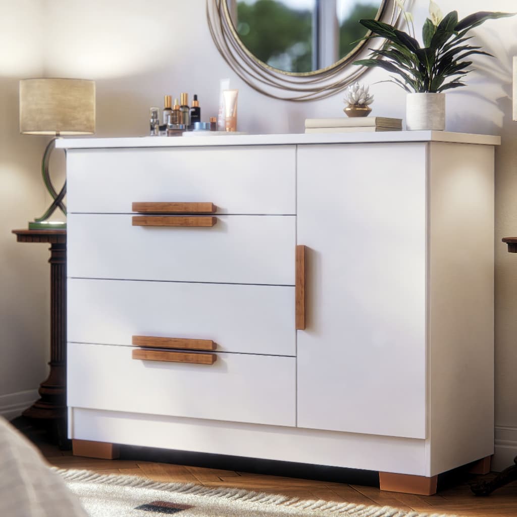 Cômoda Bréscia 4 Gavetas com Porta Sapateira Organização Roupa MDF MDP Quarto Casal Infantil Moderno Amadeirado