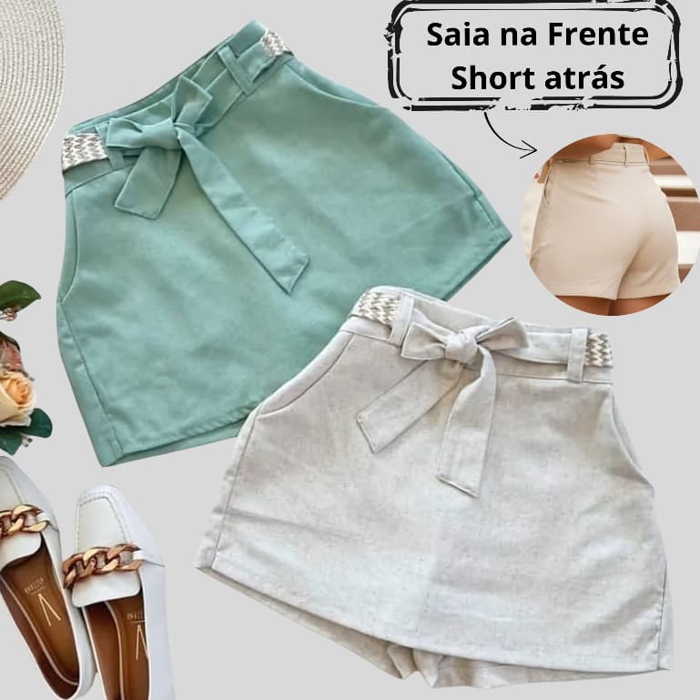 Short Saia de Linho com Cinto de Palha – Shortsaia Feminina | P M G | Pronta Entrega