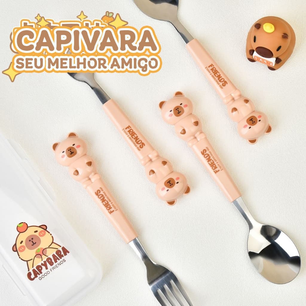 Kit Talher Capivara 2peças Infantil C/ Estojo Aço Inox 304 Colher Garfo Talheres