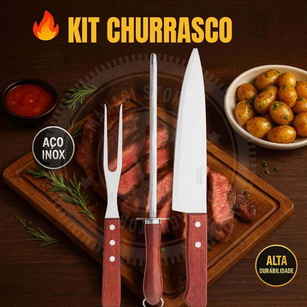 Kit Churrasco 3 Peças em Madeira Aço Inox - Faca, Garfo Trinchante e Chaira de Afiar