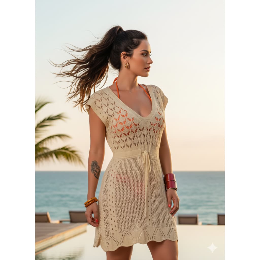 saída de praia feminino luxo curta elegante crochê tricot verão