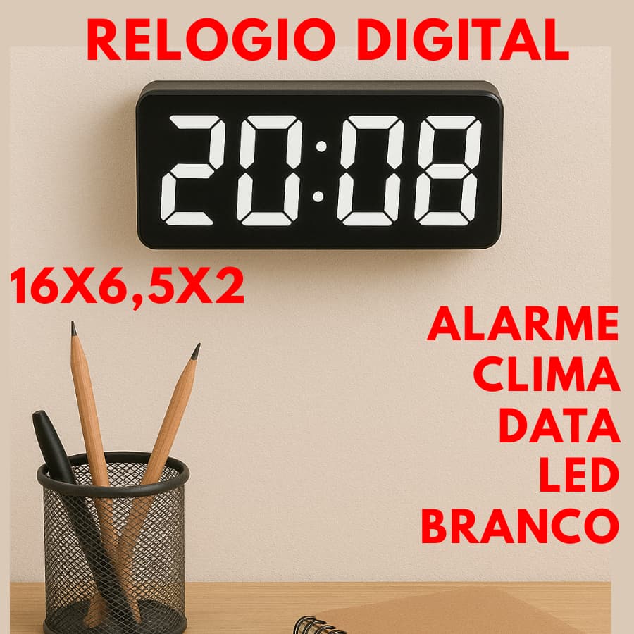 Relogio De Led Digital 16X6,5X2 Leds Brancos Para Mesa E Parede Alarme Data Temperatura