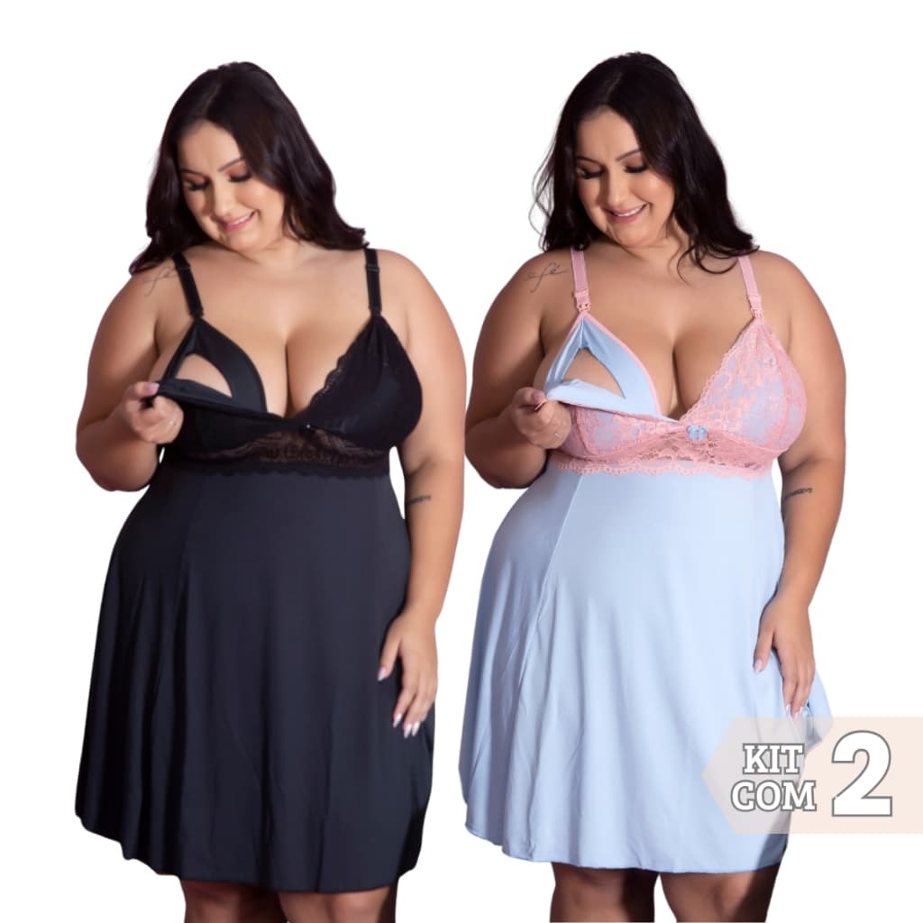 Kit 2 Camisolas Amamentação Plus Size Renda Maternidade Grande Confortável Pós Parto