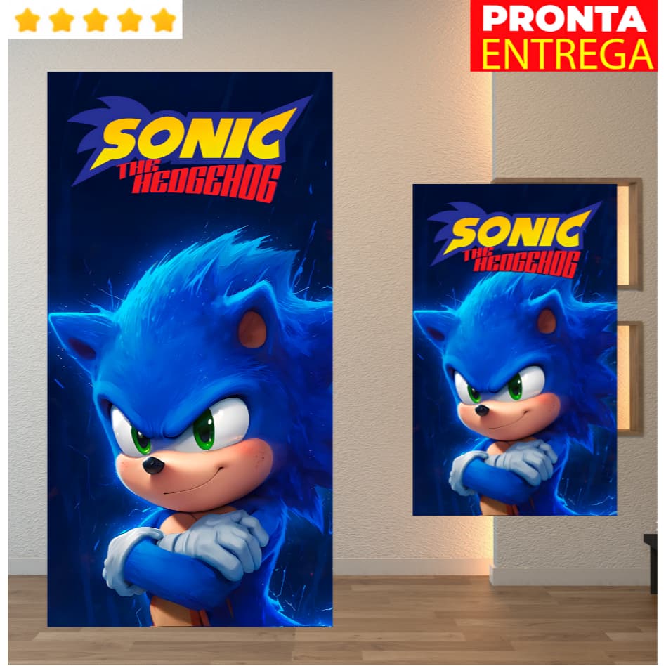 Toalha de Banho e Rosto/Mão Lancheira Infantil Sonic Praia Piscina Felpa Estampada