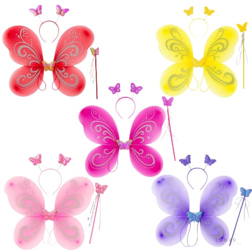 5/10 Kit Asa De Borboleta Fantasia Infantil Fada Varinha Tiara Com 3 Peças