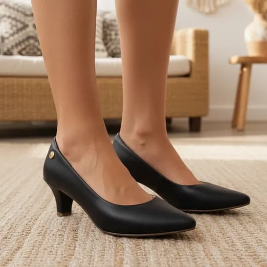 Scarpin Feminino Salto Baixo Napa Bico Fino Confortável Macio Casual