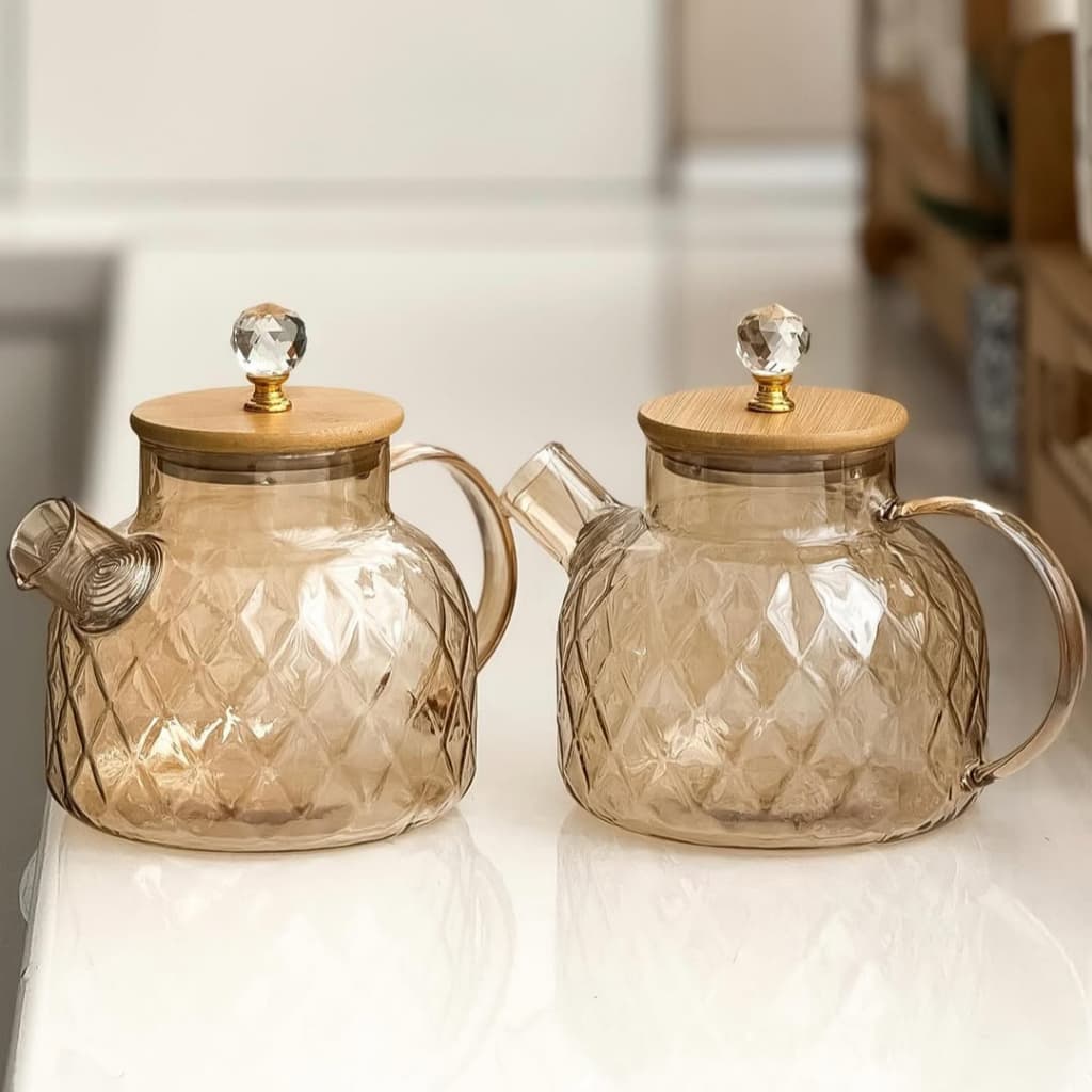 Chaleira de Vidro Borossilicato com Tampa de Bambu 1 Litro Vai no Fogo Bule Com Bico Para Chá Resistente