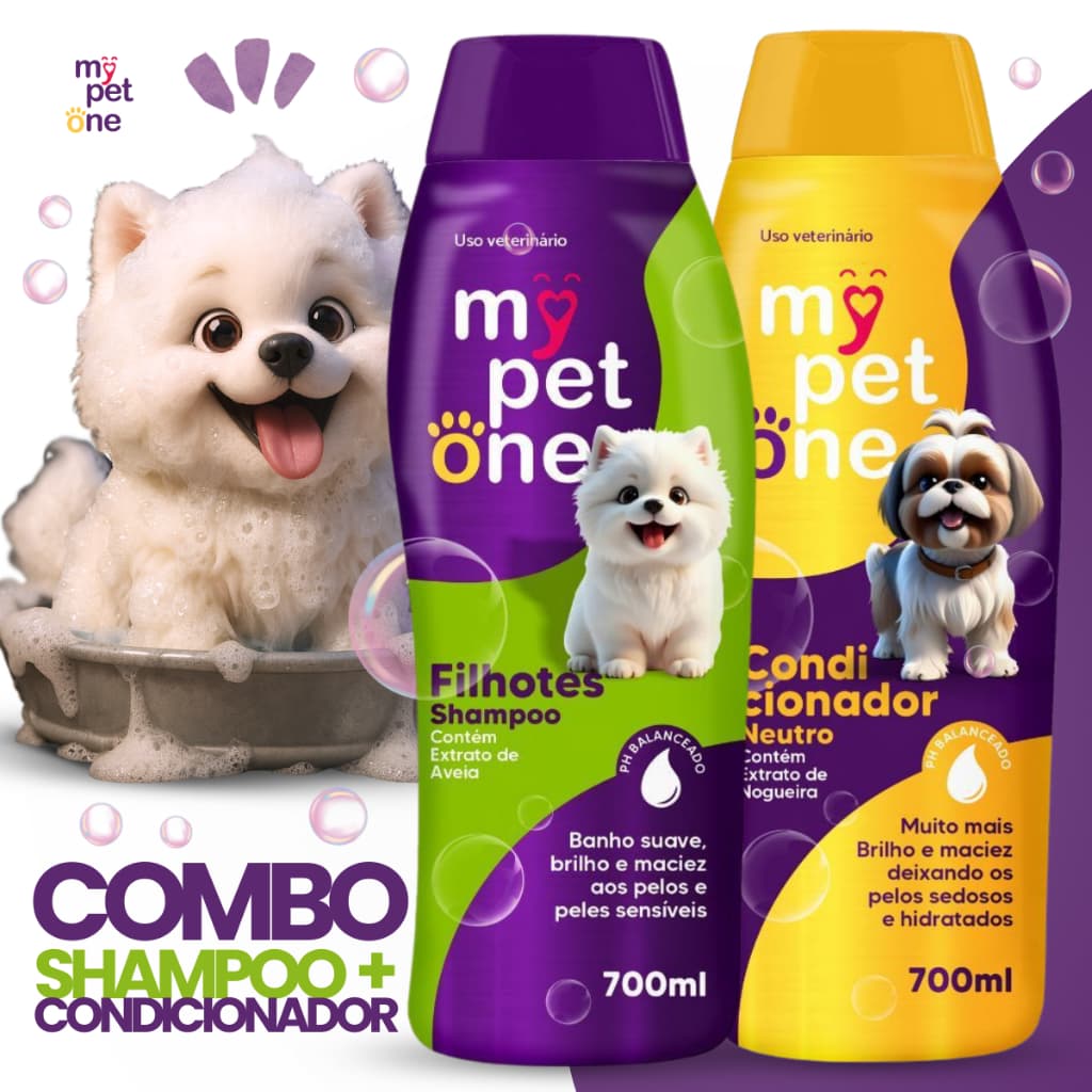 Kit Shampoo Premium 700 mL Filhotes + Condicionador Cães e Gatos Mypetone