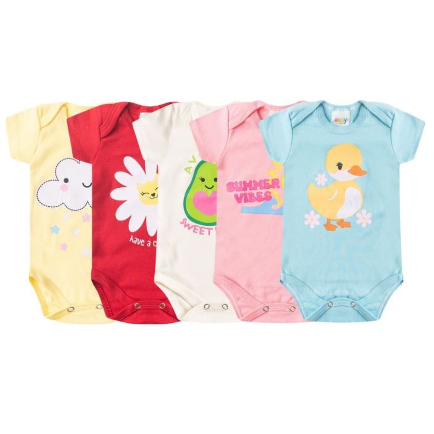 Kit 5 Peças Body Bebê Avulso Menina Verão Manga Curta Sortida Suedine 100% Algodão P ao GG