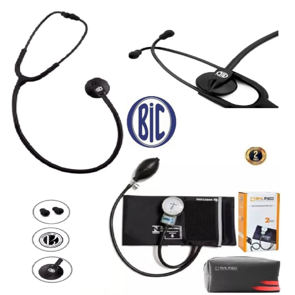 Kit Estetoscópio Cardiológico Bic Standart Black Total Profissional Original + Esfigmomanômetro Com Bolsinha Pa med