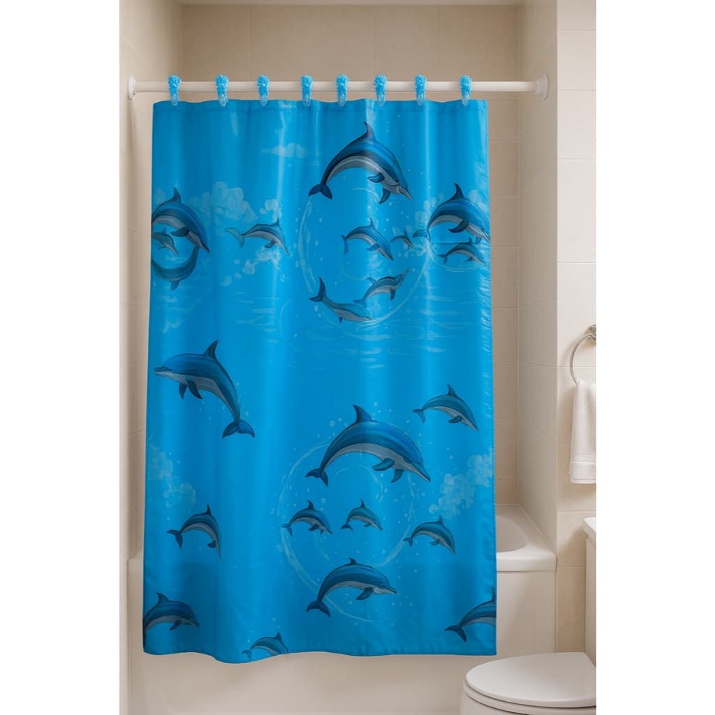 Cortina de Box 180x180cm PVC Estampada Golfinho Peixes Tropicais - Impermeável Chuveiro 12 Ganchos