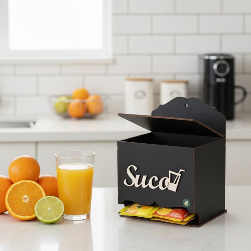 Porta Pacotes de Suco em MDF Preto 23x23x9cm Organizador Cozinha com Aplique Decorativo em relevo
