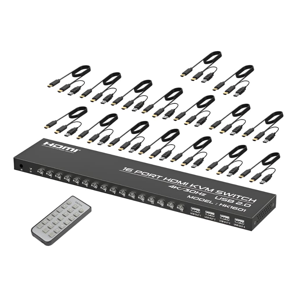 Chaveador Switch Kvm Hdmi 16 Portas 16x1 Usb Com Cabos Kvm
