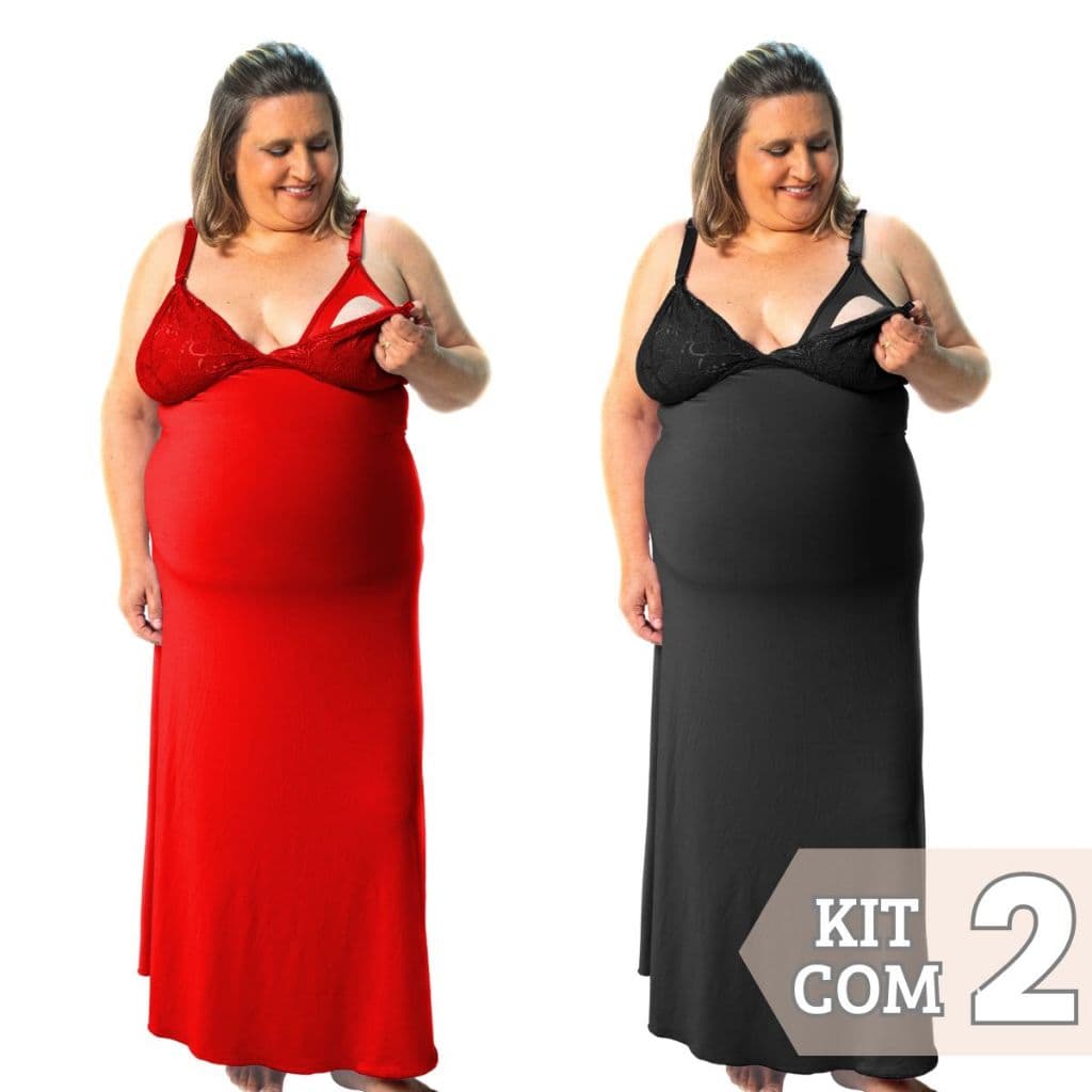 Kit 2 Camisola Longa Amamentação Plus Size Gestante com Renda para Pós-Parto