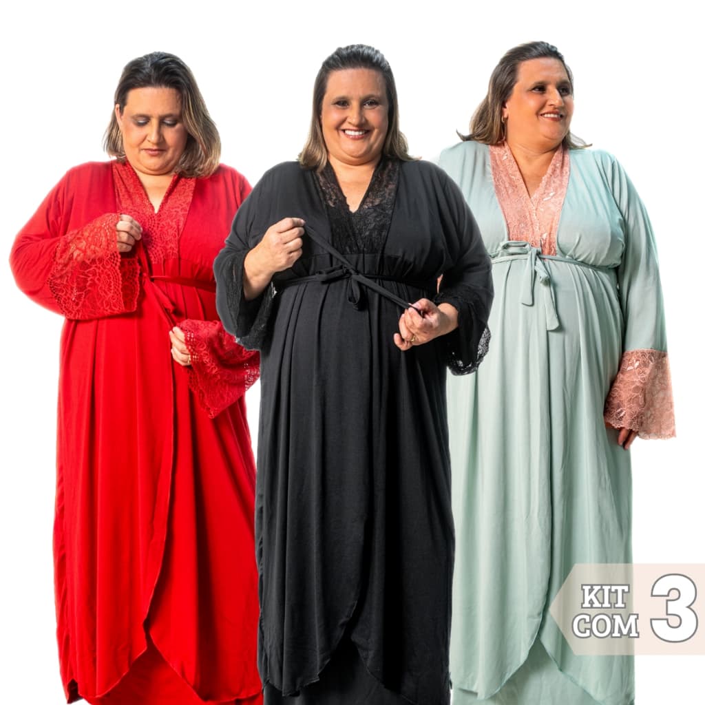 Kit 3 Robes Feminino Longo Plus Size Gestante Maternidade Pós Parto Roupa Dormir e Banho