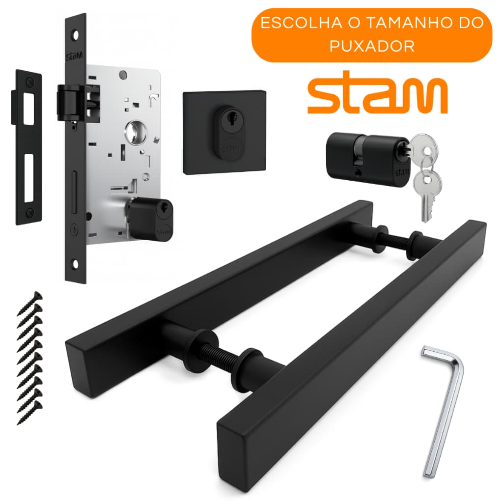 Kit Puxador Porta Madeira Entrada Preto + Fechadura Stam Completa Rolete Pivotante Roseta Quadrada