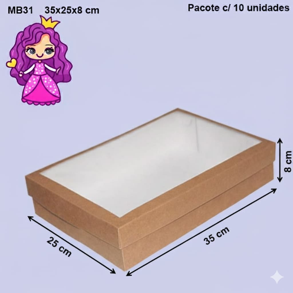 Embalagem MB31 com Visor em papel Kraft e Branco - 35x25x08 cm - Pacote com 10 unidades
