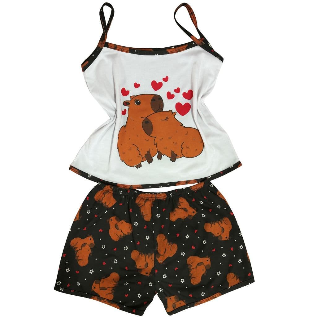 Baby Dool pijama Feminino adulto malha verão Confortável Roupa de Dormir Personagens Capivara Stitch Alcinha