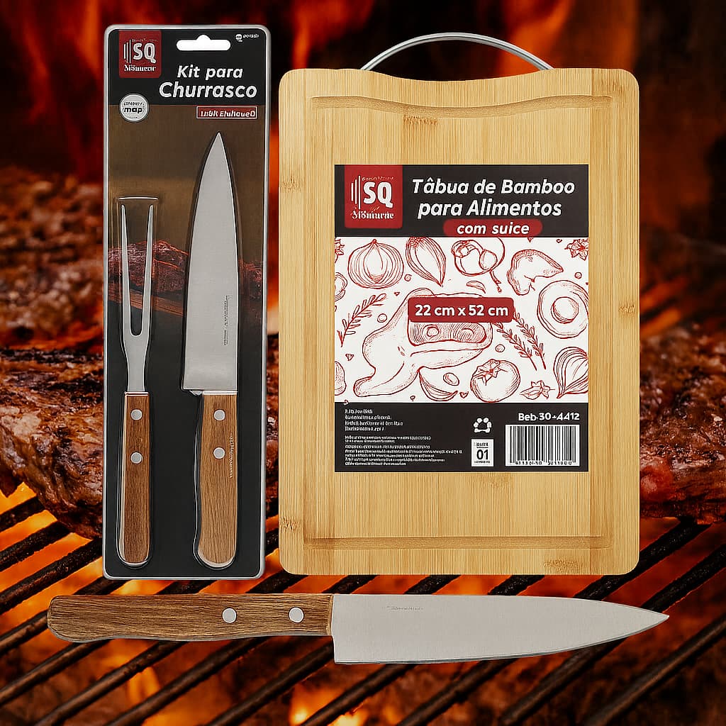 Kit Para Churrasco Tábua De Bambú Garfo Faca Cozinha Legumes Com Alça de Metal