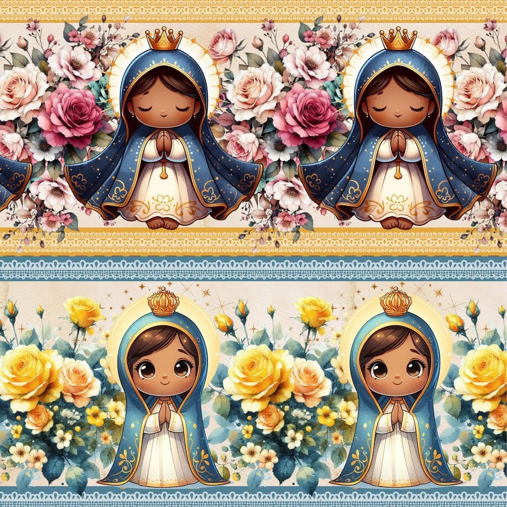 Tricoline Digital Algodão 100% Barrado Nossa Senhora Toalha Pano de Prato Atêlie Bibi