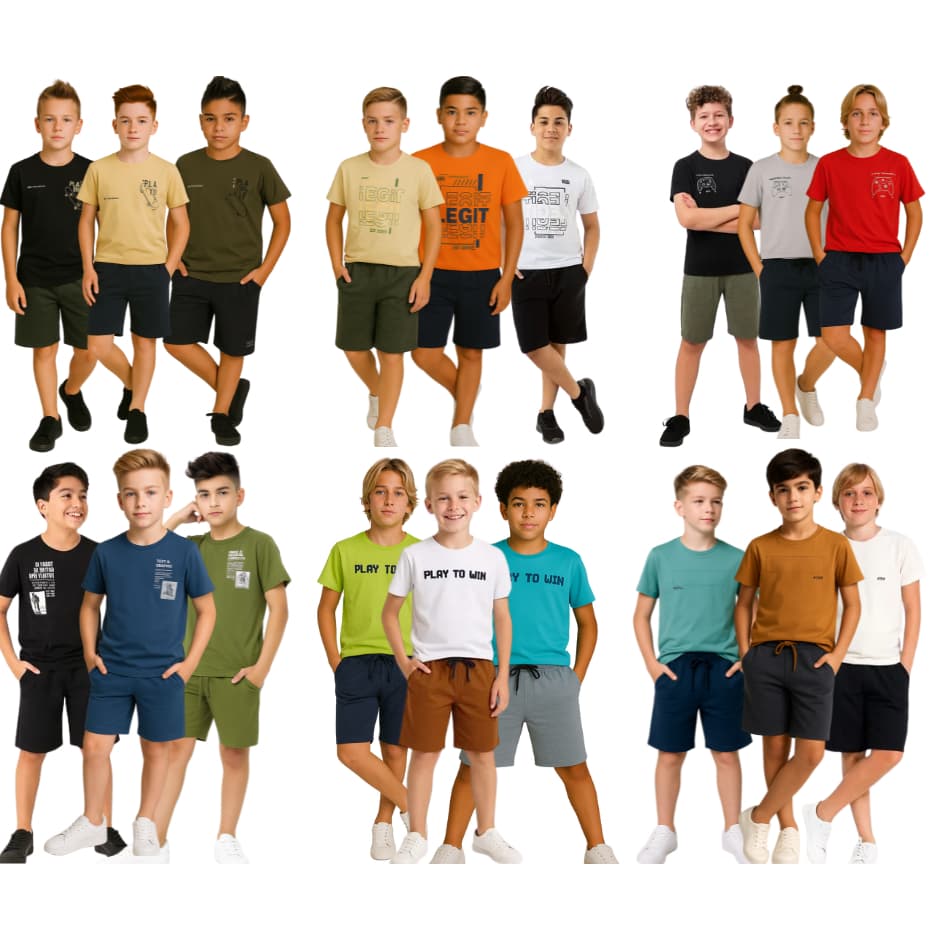 Kit 5 Conjuntos Camisetas Bermudas Verão Menino Juvenil Cores Sortidas