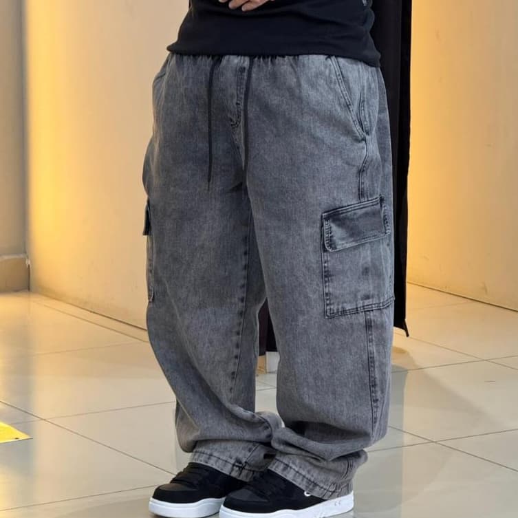 Calça Cargo Jeans larga masculina feminina 5 bolsos Preto Estonado moda street skate