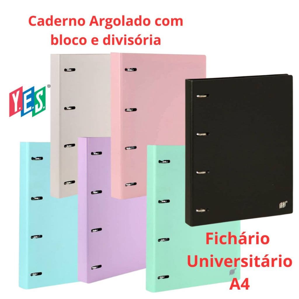Fichário Argolado A4 YES tons pastel c/bloco de 96 folhas e 5 divisórias R4EABC