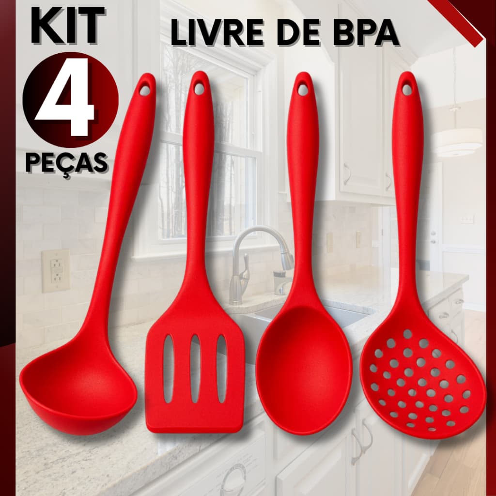 Kit 4 Utensílios de Silicone Premium Para Cozinha Vermelho e Preto Design Moderno e Resistência