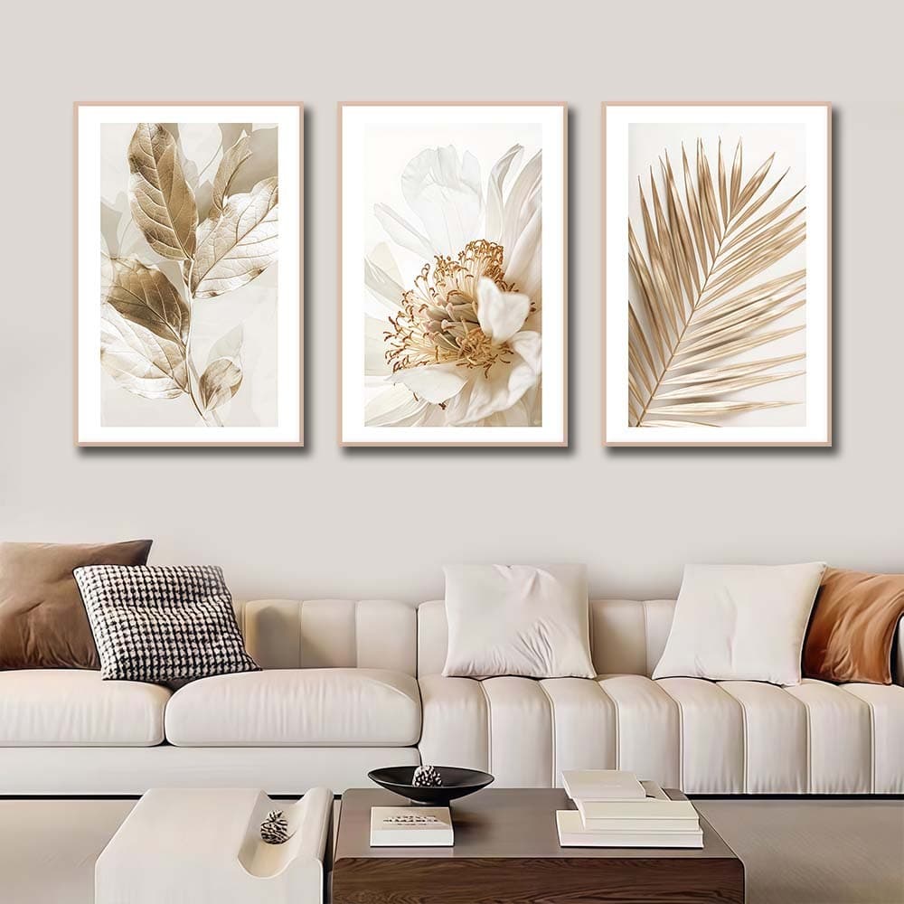 Kit 3 Quadros Decorativos Folhagem Natureza Tons Terrosos Decoração Parede Sala e Quarto Pronto Instalar​