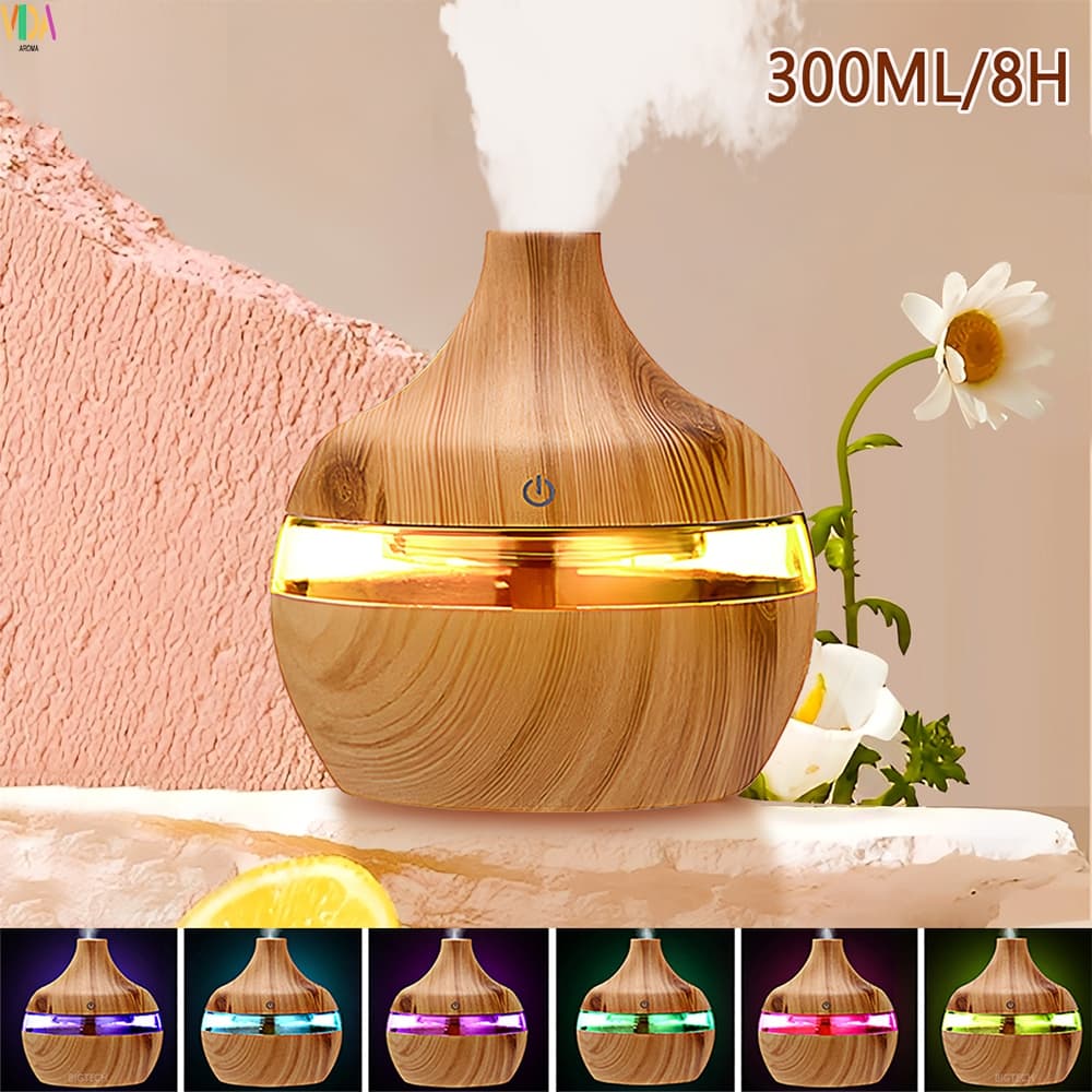 Umidificador de Aromaterapia 7 Iuzes Coloridas Temporizador de 8 Horas Umidificação Aromaterapia 2 em 1 Super Prático