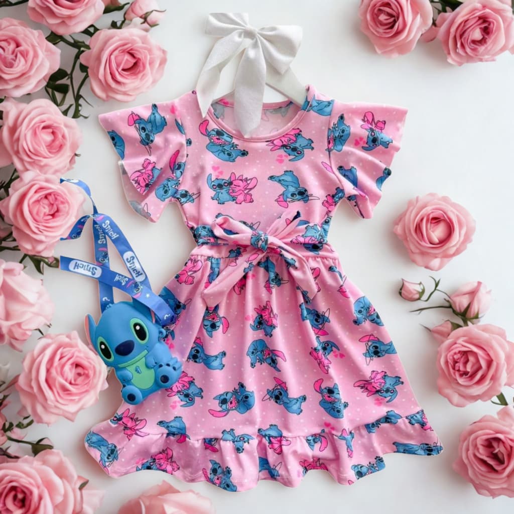 Vestido Infantil Stitch Manga Curta Suplex com Babado e Laço Tamanhos 2 ao 8