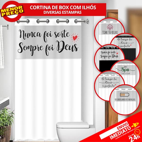 Cortina Box com Visor Frases Para Banheiro Anti Mofo Resistente Alta Qualidade 100% PVC Várias Cores