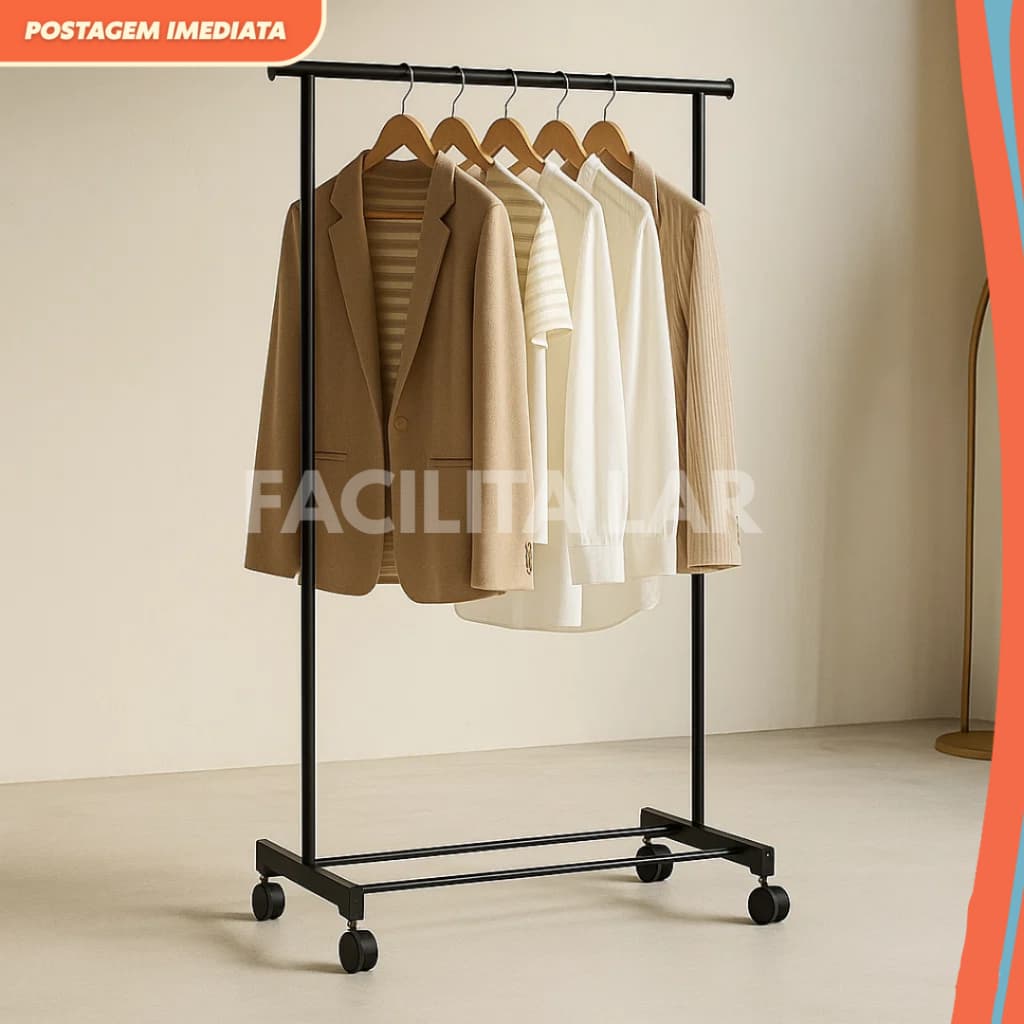 Arara De Roupa Cabideiro De Chão Sapateira Rack Organizador Multiuso Com Rodinhas Suporta 20kg