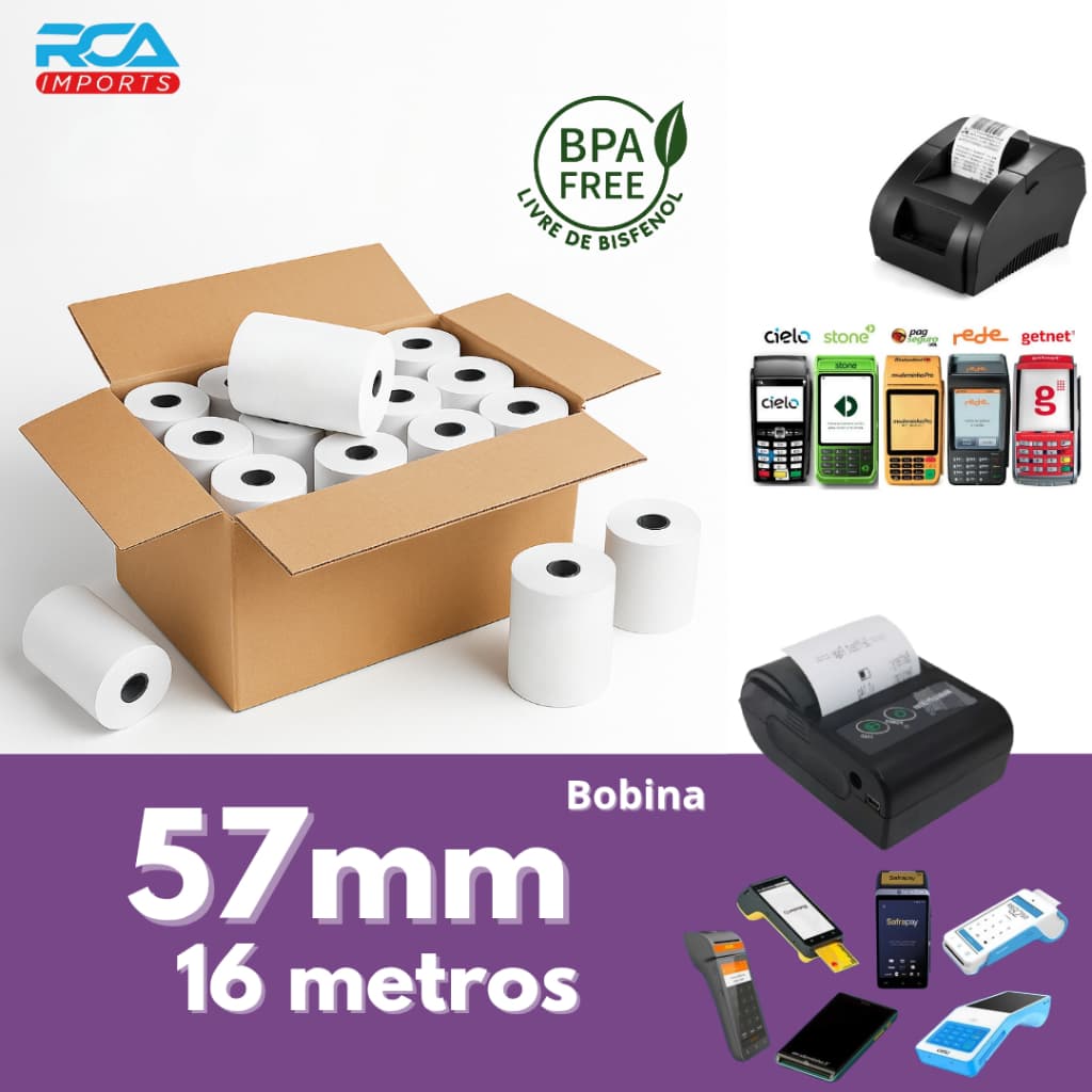 Kit Bobina 57x16 Para Maquina De Cartão Qualquer Modelo Branca Fácil De Instalação Envio Rapido