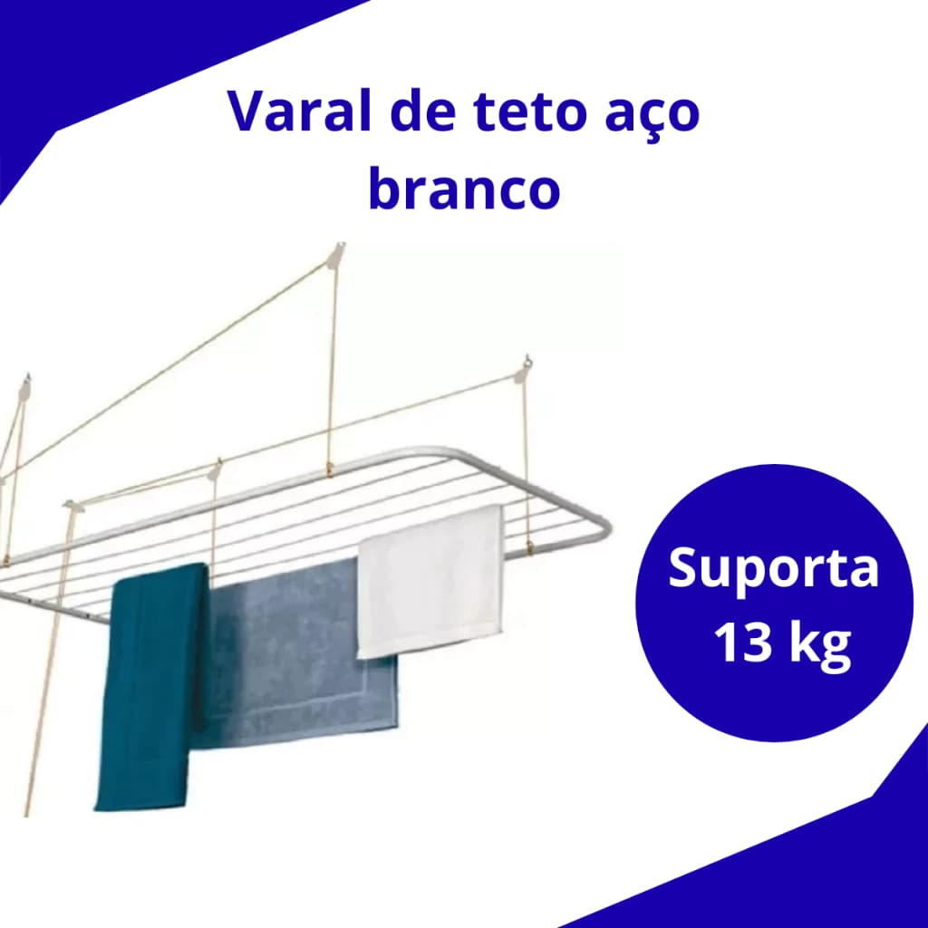 Varal de teto aço branco grande 140cm x 56cm 13kg resistente reforçado + kit de instalação