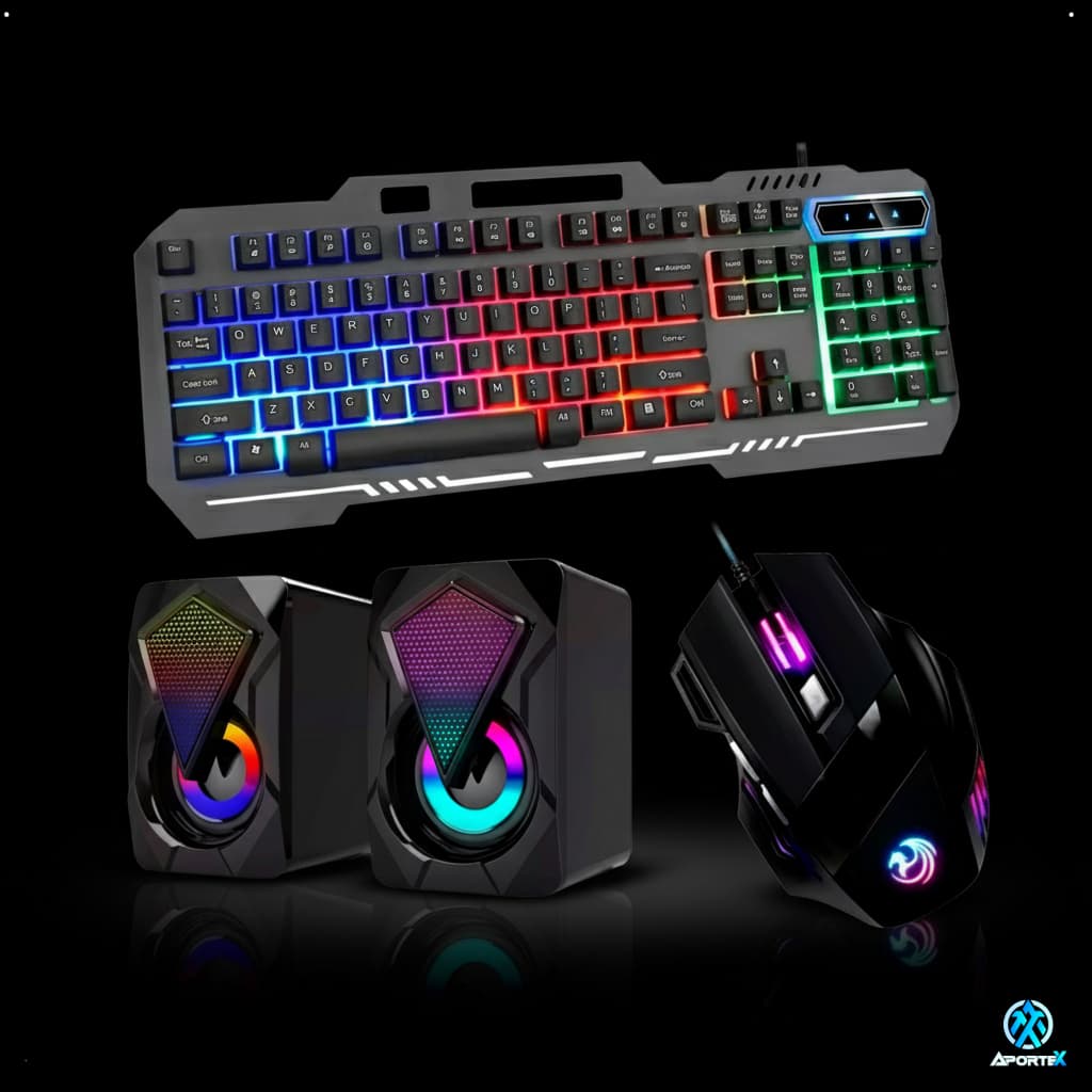 Setup Gamer Aportex Completo Teclado Backlight Iluminado + Mouse LED + Caixa de Som USB P2
